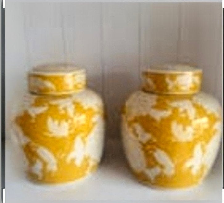 Set van 2 decoratieve gemberpotten, geel en wit, Ophalen