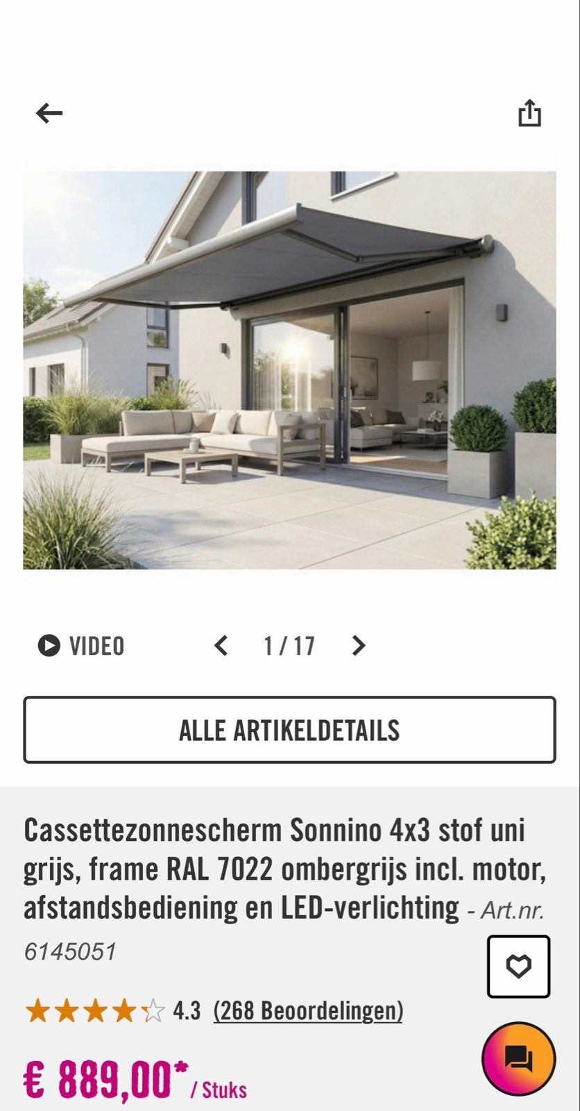 Cassettezonnescherm Soninno 4x3 met motor en LED, Ophalen, Elektrisch, Zo goed als nieuw, 250 cm tot 450 cm