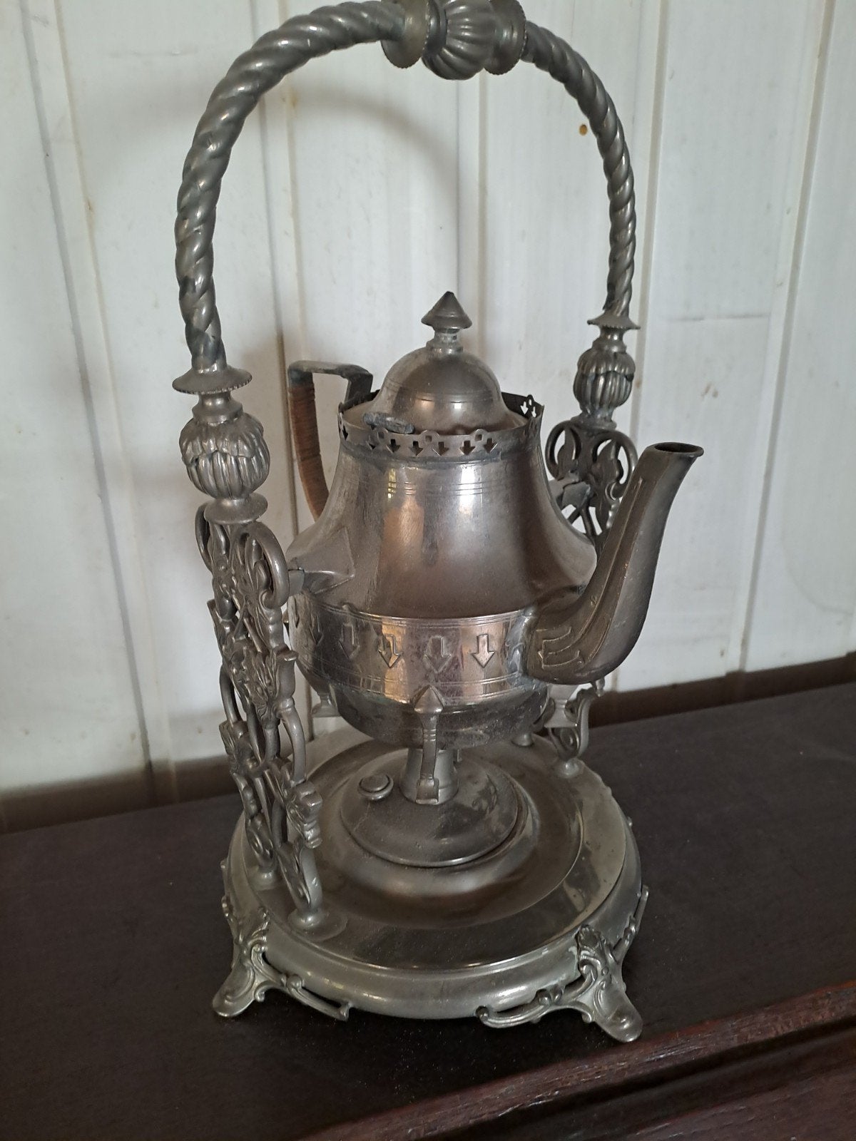 Antieke tinnen theeketel met rechaud, Ophalen of Verzenden