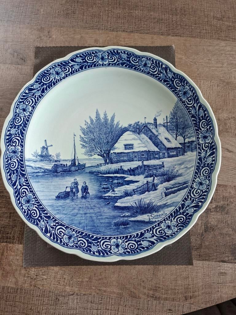 Delfts Blauw Wandbord - Winterlandschap - J. Sonneville, Ophalen of Verzenden