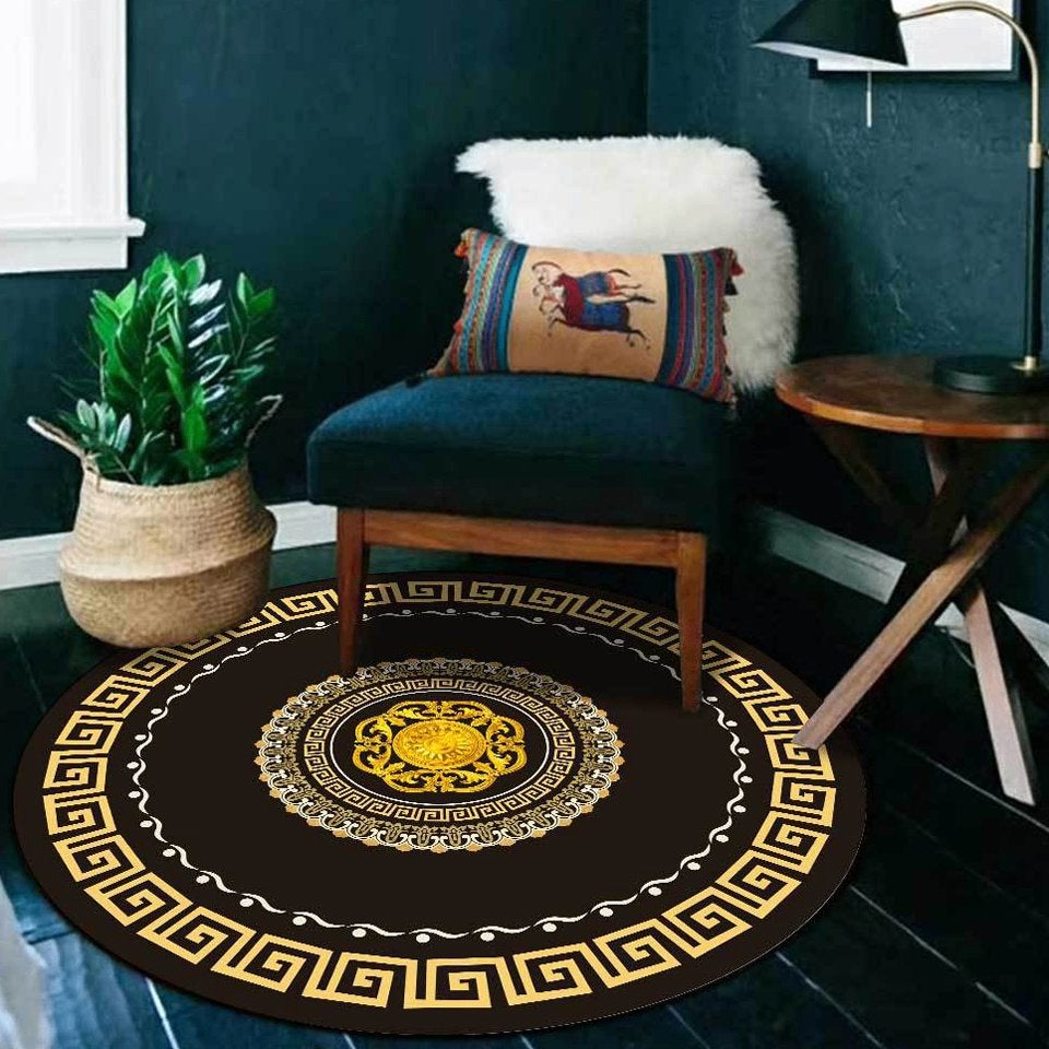 Zwart Goud Barok Rond Vloerkleed Kleed Tapijt Geometrisch, 100 tot 150 cm, Verzenden, Rond, Overige kleuren