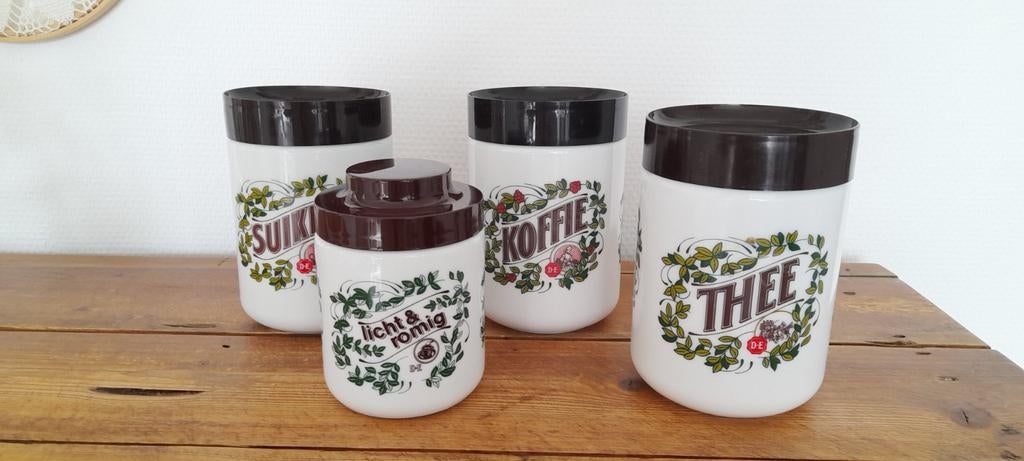 Douwe Egberts bewaar potten Suiker / Koffie /Thee/ Melk, Overige typen, Ophalen of Verzenden, Overige stijlen, Glas
