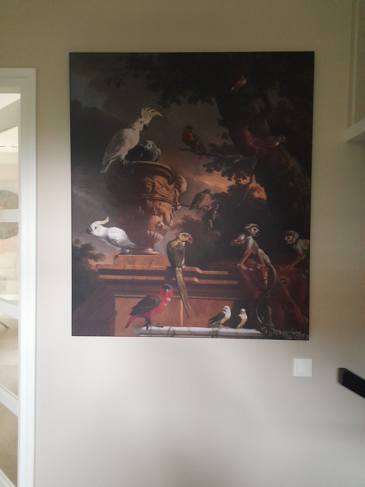 Prachtig schilderij met exotische vogels en apen, Doek, Dieren, Ophalen of Verzenden, Olieverf