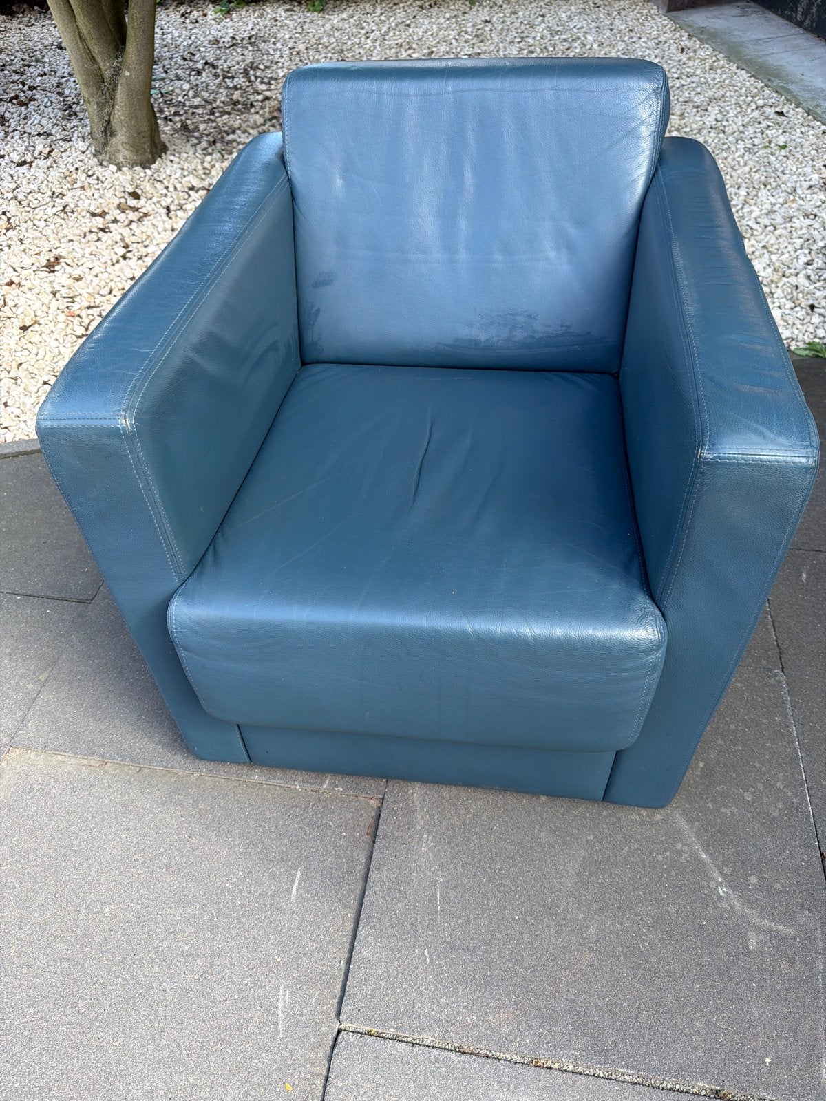 Comfortabele blauwe leren fauteuil (bxdxh =70x80x75), Huis en Inrichting, Fauteuils, Ophalen, Gebruikt, 50 tot 75 cm, Leer