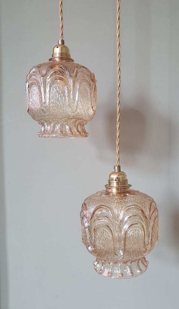 Set Vintage rose/amber tint hanglampen - midcentury design., Vintage, retro, antiek, art deco, glas, frans, Ophalen of Verzenden