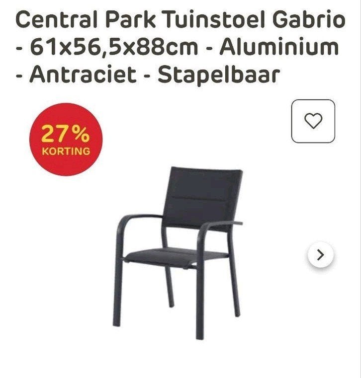 Central Park Tuinstoel Gabrio - Antraciet - Stapelbaar, Ophalen of Verzenden, Gebruikt, Aluminium, Stapelbaar