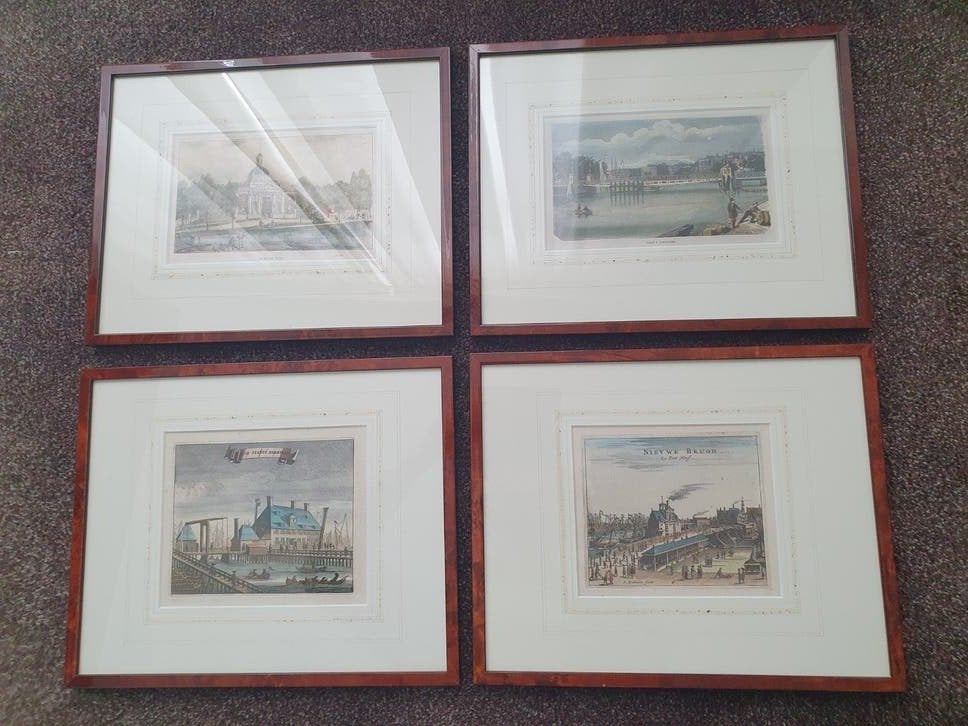 4 OUDE PRENTEN , INGELIJST, Antiek en Kunst, Ophalen, Handgekleurd, 25 cm, Architectuur