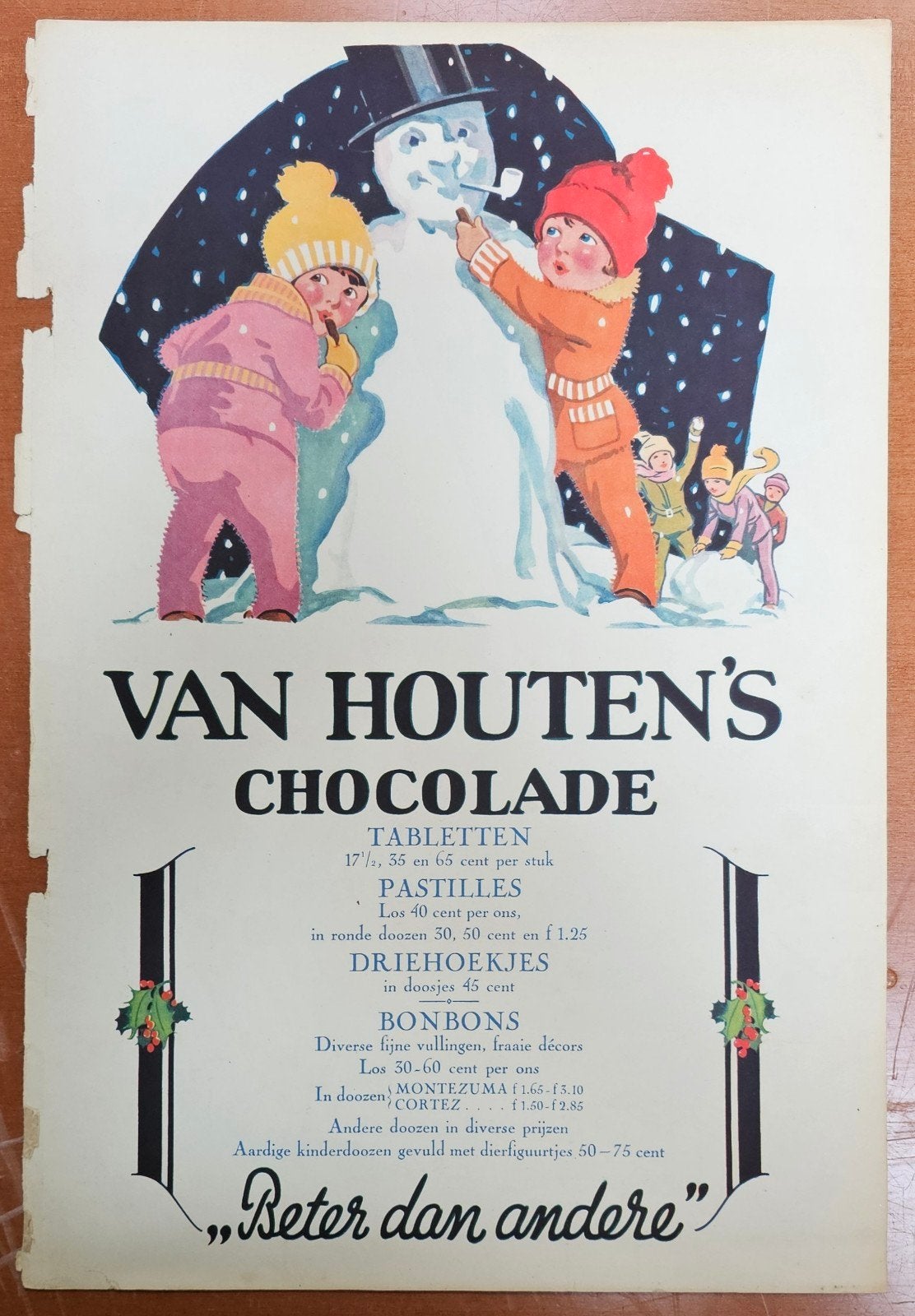 Dubbelzijdige antieke reclameprint: Van Houten's Chocolade /, Ophalen of Verzenden, Gebruikt, Reclamebord