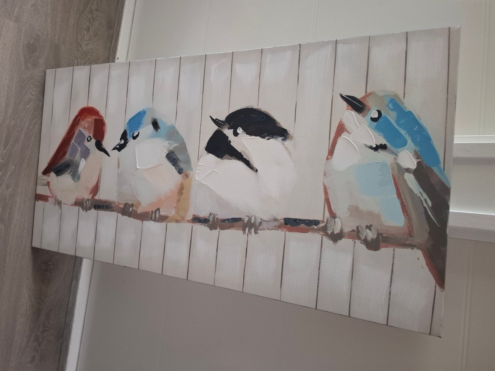 Schilderij met vogels op tak, acrylverf, 119x60 cm, Ophalen, Acrylverf, Op houten frame, Dieren