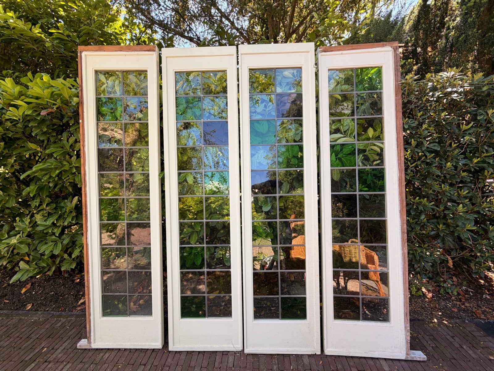 Glas in lood schuifdeuren van architect Herman van Lindonk, Ophalen, Gebruikt, Minder dan 80 cm, 215 cm of meer