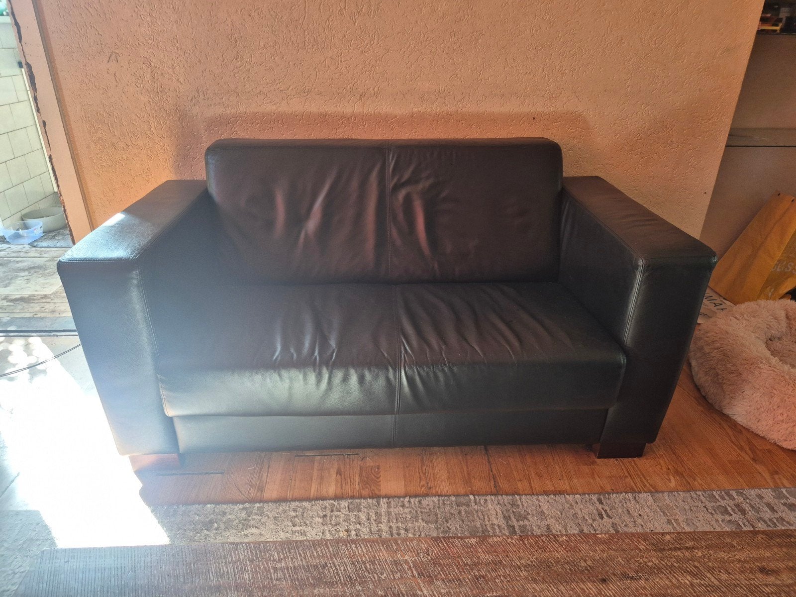 Leren bank en fauteuils - 2-zitsbank en 2 fauteuils, Ophalen, Gebruikt, 150 tot 200 cm, Tweepersoons