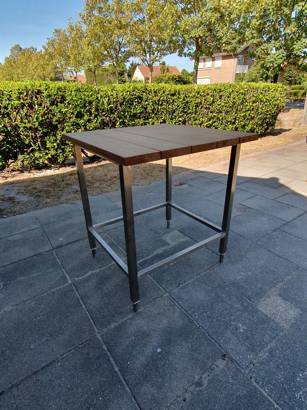 Bartafel met rvs onderstel en hardhouten blad., Ophalen, Vierkant, Metaal