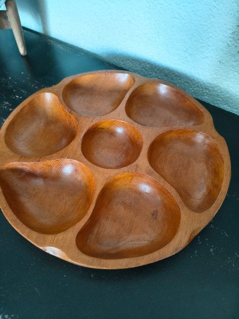Vintage teakhouten vakkenschaal snackschaal, Schaal, Rond, Ophalen of Verzenden, Zo goed als nieuw