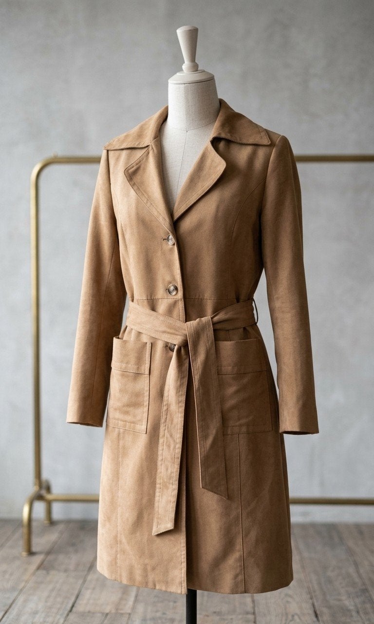 Stijlvolle Suede-Look Trenchcoat / Mantel met Ceintuur, H&M, Beige, Zo goed als nieuw, Ophalen