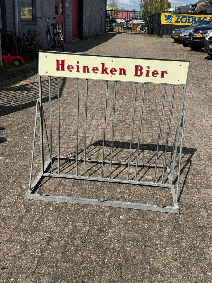 Vintage Heineken Bier fietsenrek / reclamebord, Ophalen, Gebruikt, Reclamebord, Plaat of Schild, Heineken