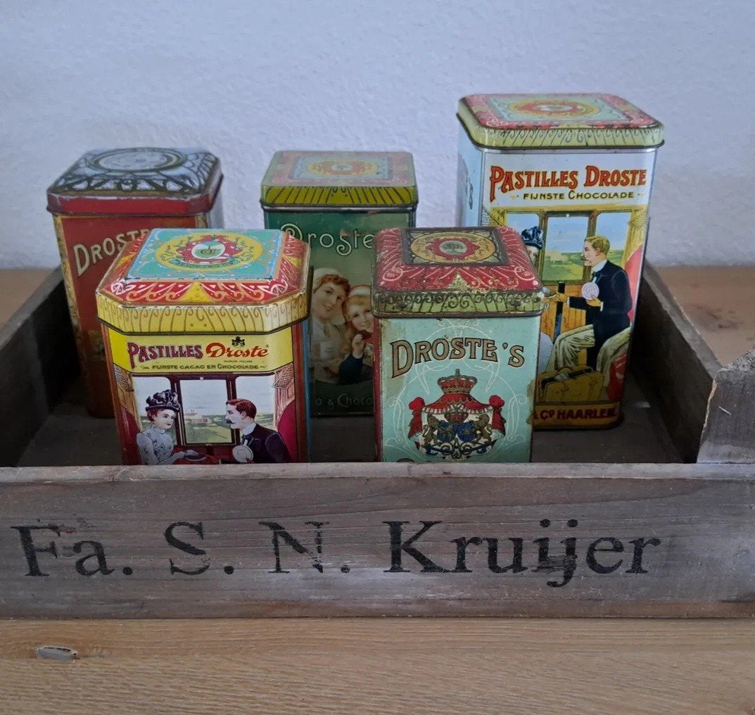 Vintage Droste bewaar blikken diverse maten prijs per stuk, Verzamelen, Blikken, Ophalen of Verzenden, Gebruikt, Overige, Droste