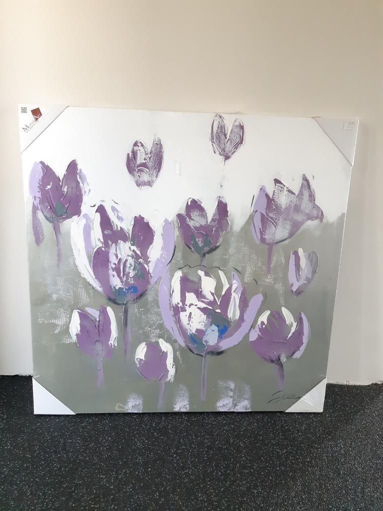 Mooi schilderij met paars lila bloemen. 1x1m, Ophalen
