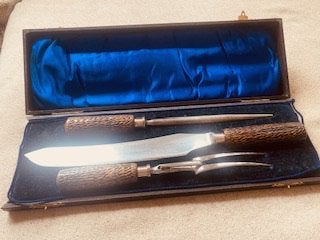 Prachtige trancheerset, hoornen handvatten., Antiek en Kunst, Ophalen of Verzenden