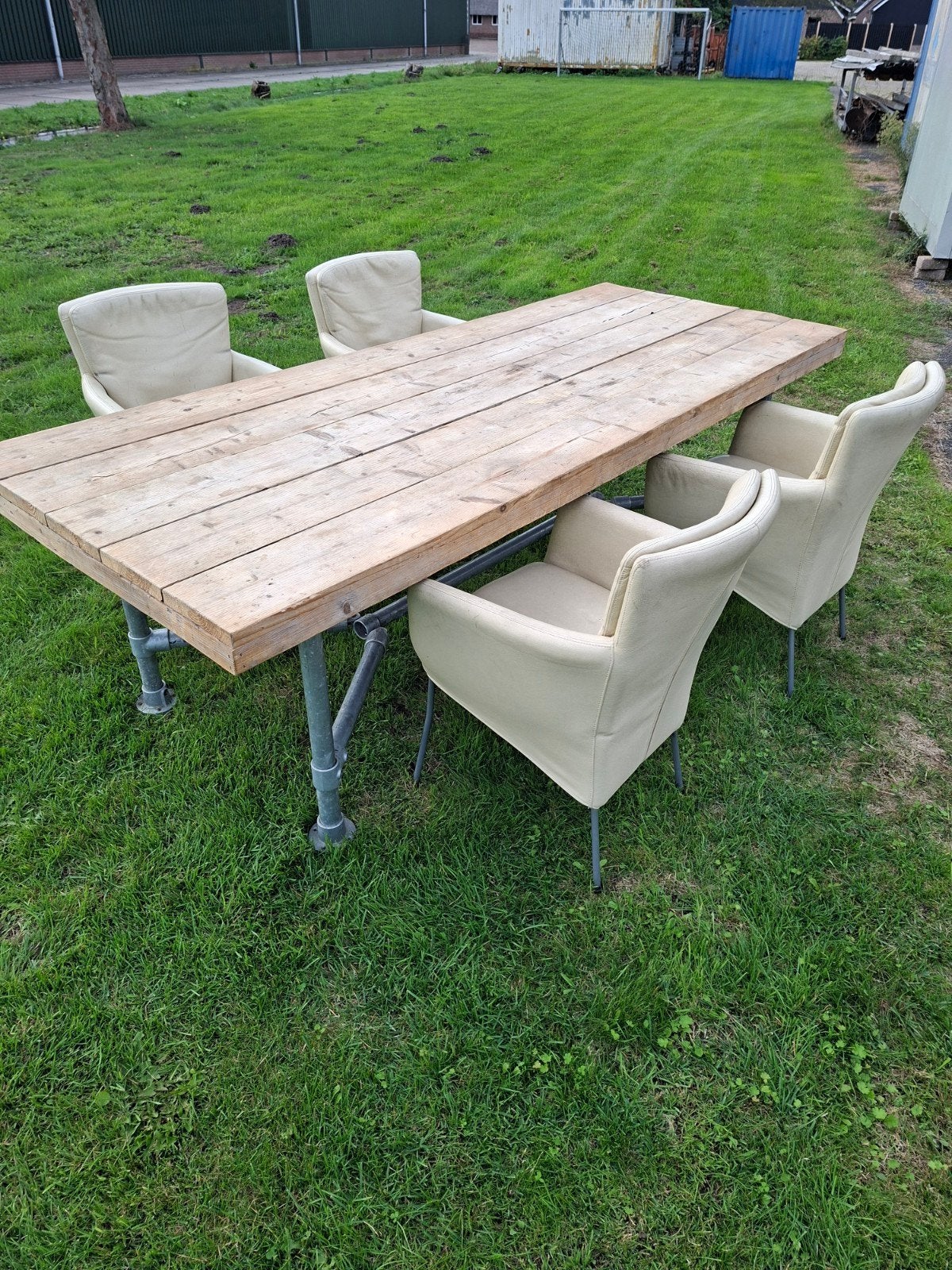 Steigerhouten tafel 100x200 met stalen onderstel+ 4 stoelen., Tuin en Terras, Ophalen, Steigerhout