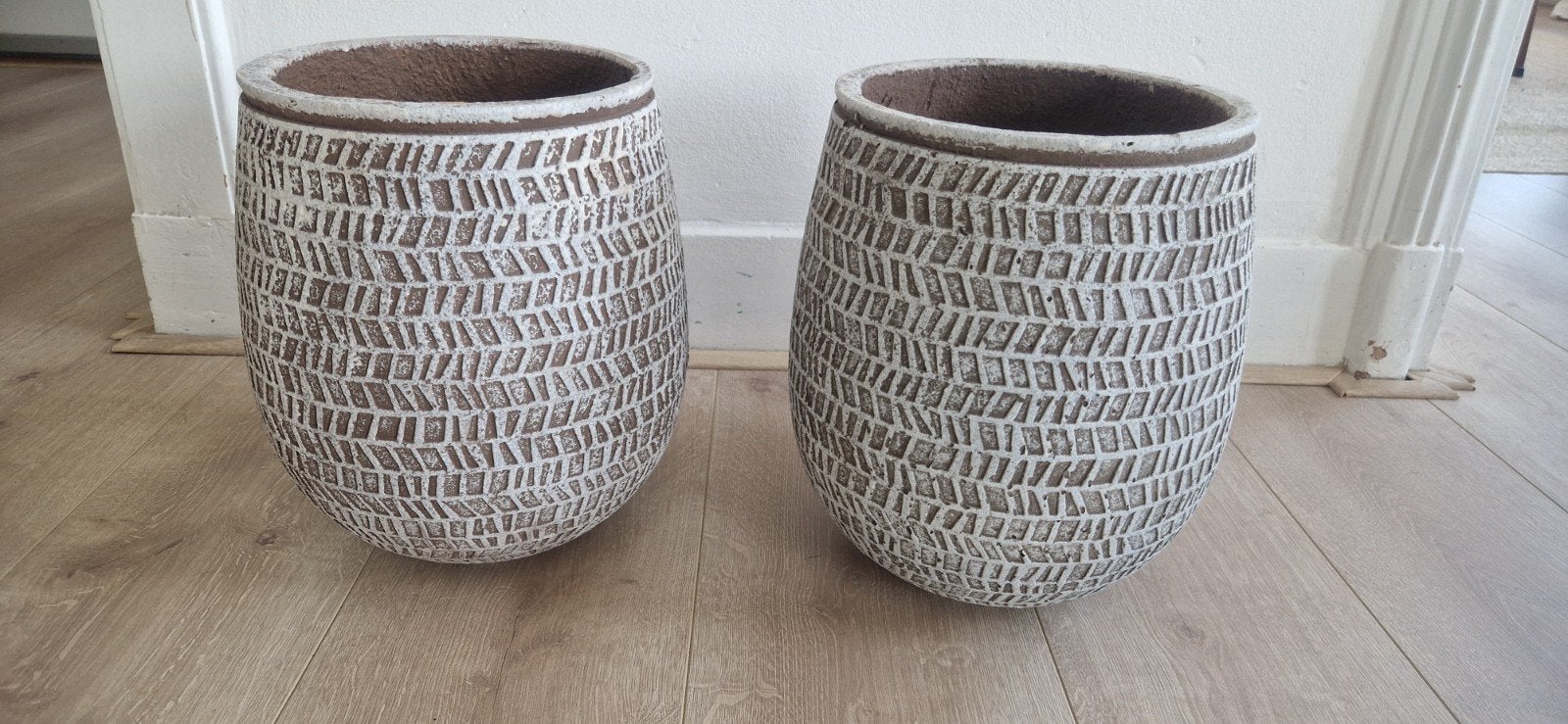 Set van 2 terracotta keramische bloempotten boho ibiza, Rond, Zo goed als nieuw, Minder dan 40 cm, Ophalen