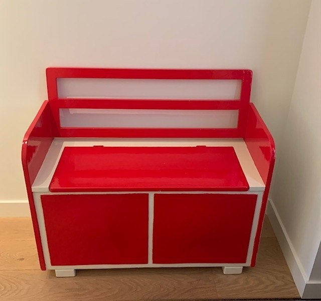 Uniek opgeknapt vintage kinderbankje met opbergruimte, Ophalen, Gebruikt