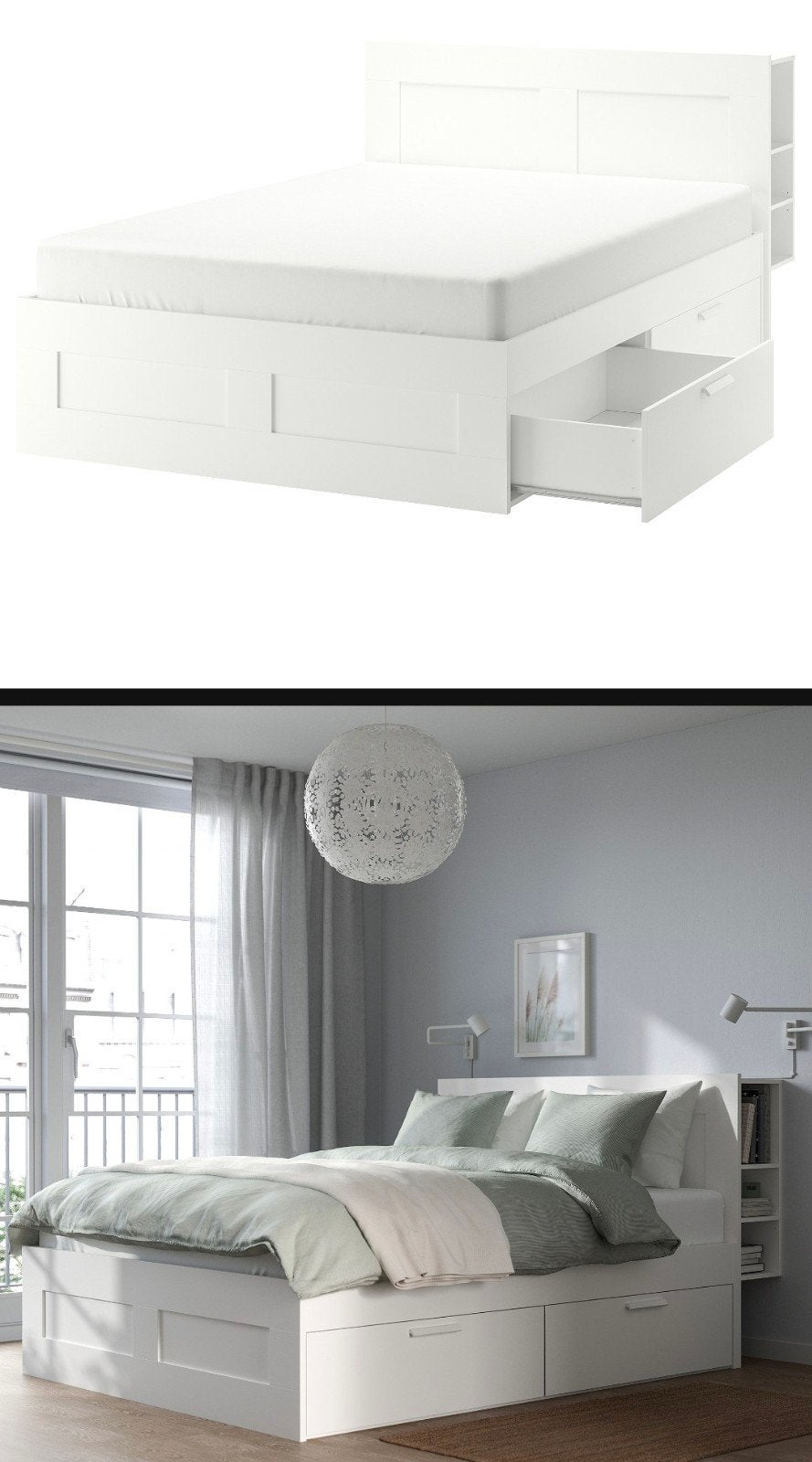 IKEA Brimnes bed met opbergruimte en hoofdbord, Ophalen, Gebruikt, Modern, functioneel, Wit