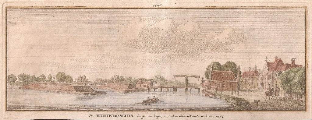 Nieuwersluis langs de Vegt, a.d.noordkant te zien 1744 gekle, Gesigneerd, Stadsgezicht, Ophalen of Verzenden, Gravure