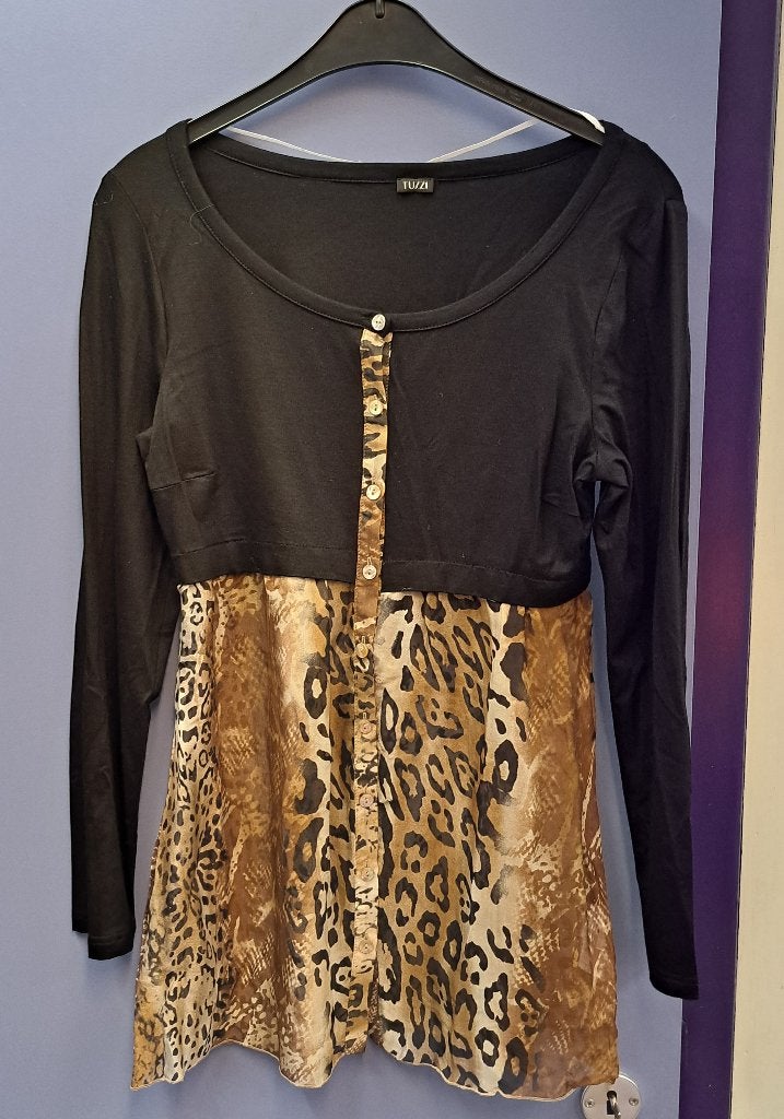 Tuzzi top longsleeve zwart + luipaard viscose/zijde 38 48232, Maat 38/40 (M), Tuzzi, ., Zwart