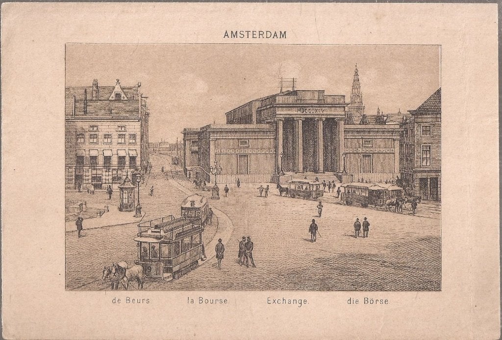 Amsterdam de Beurs La Bourse Litho 1883 Uitg. J.F. Haeseker, 10 cm, 1800 - 1899, Stadsgezicht, Ophalen of Verzenden