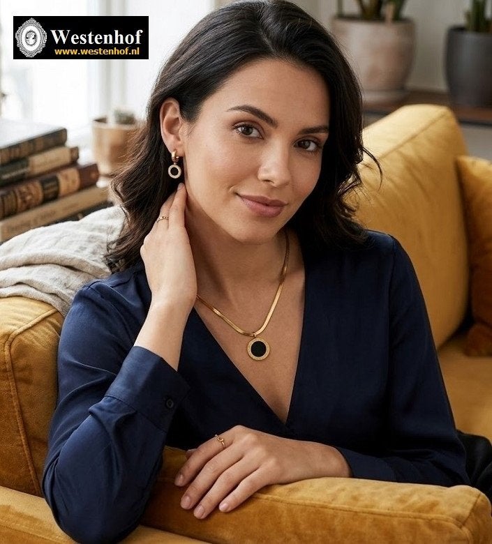 Sieraden set juwelen goud ketting + hanger zwart + oorbellen, Verzenden, Nieuw, Goud, Overige materialen