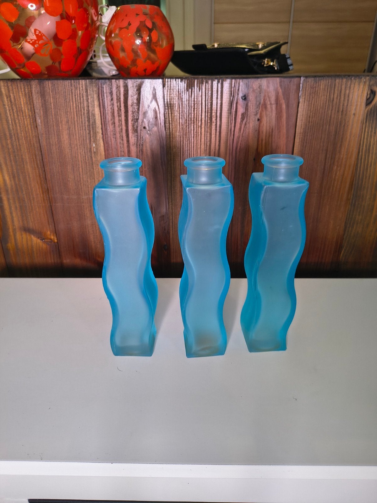 3 blauwe IKEA vaasjes van mat glas, Gebruikt, Blauw, Ophalen of Verzenden, Glas