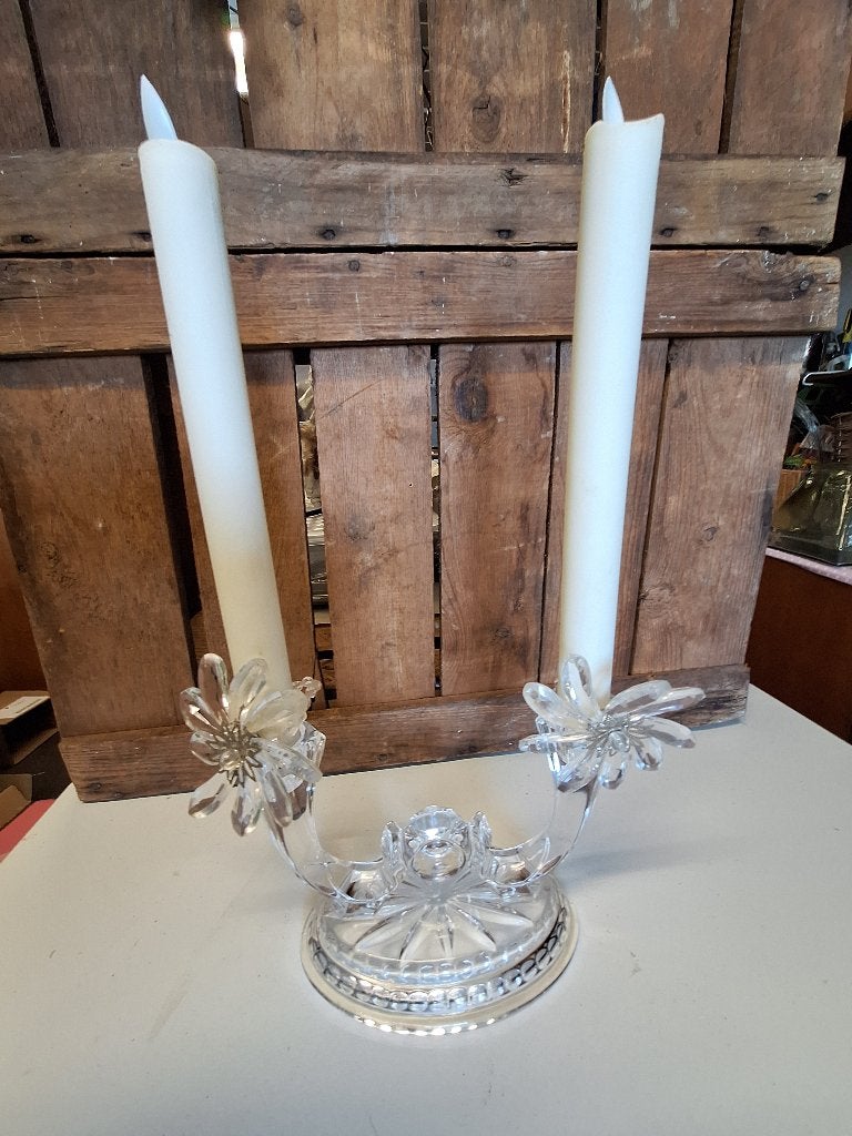 Glazen kandelaar met bloemdetails en LED-kaarsen, Ophalen, Wit, Kandelaar, Glas