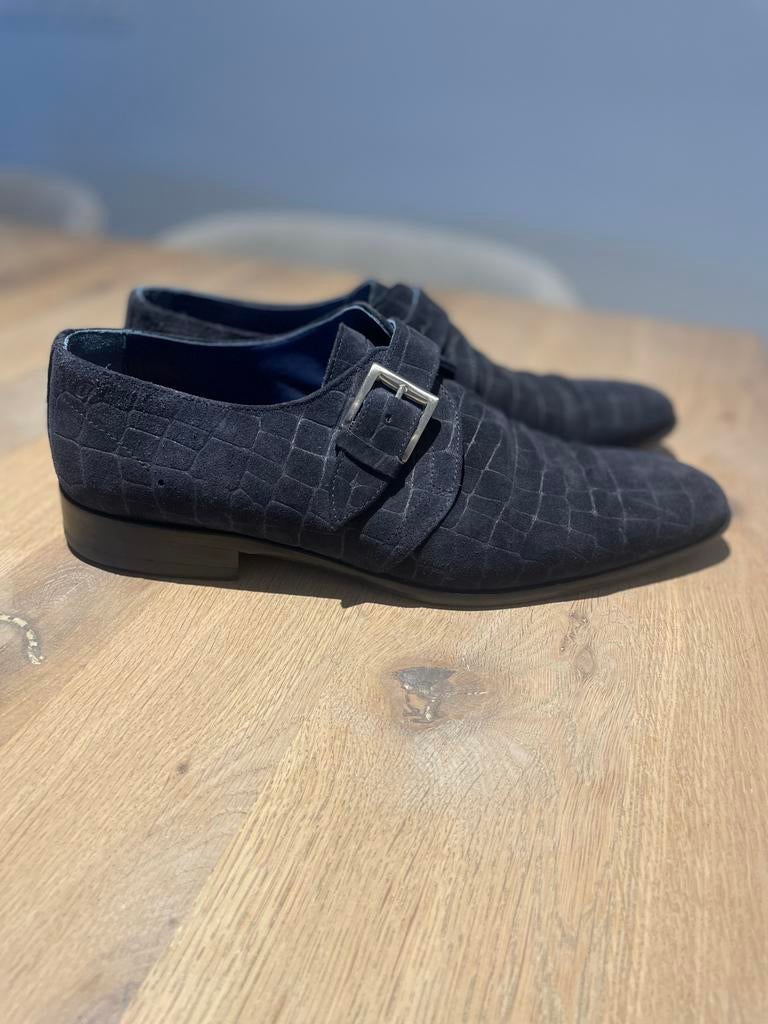 Greve 1898 monk strap 2429 suede croco donkerblauw maat 44, Ophalen of Verzenden, Gedragen, Blauw, Gespschoenen
