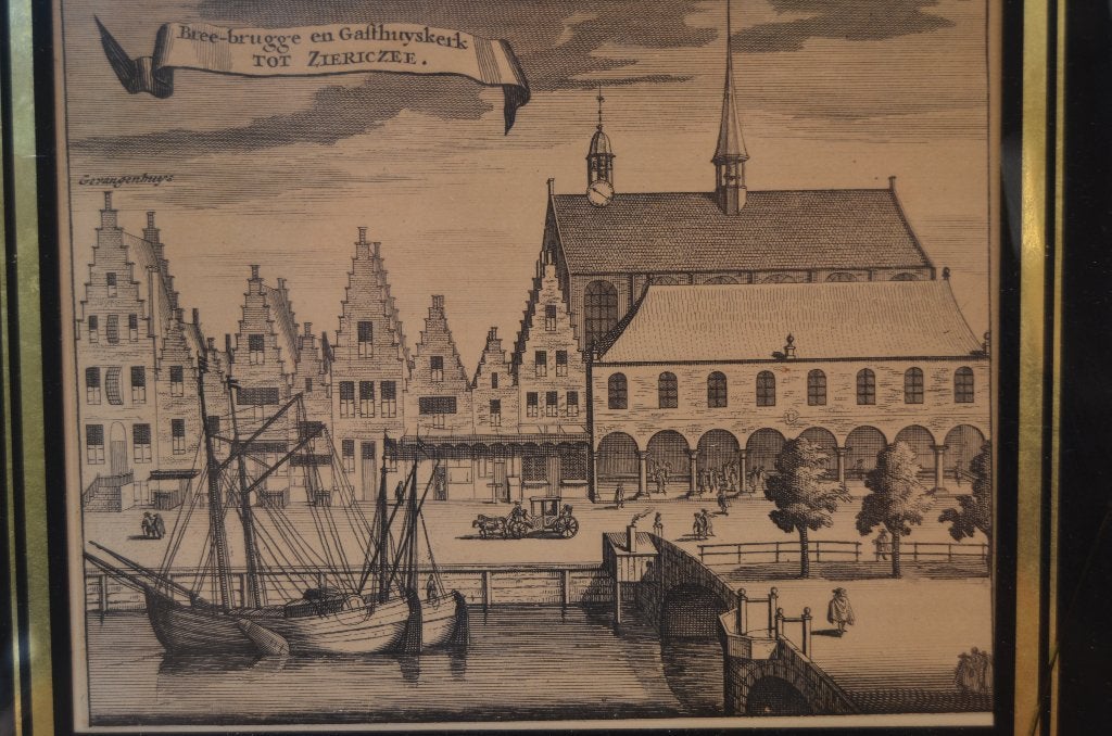 Ets Bree-brugge en Gasthuyskerk tot Ziericzee, Antiek en Kunst, Kunst | Etsen en Gravures, 26 cm, Ets, Stadsgezicht, Ingelijst