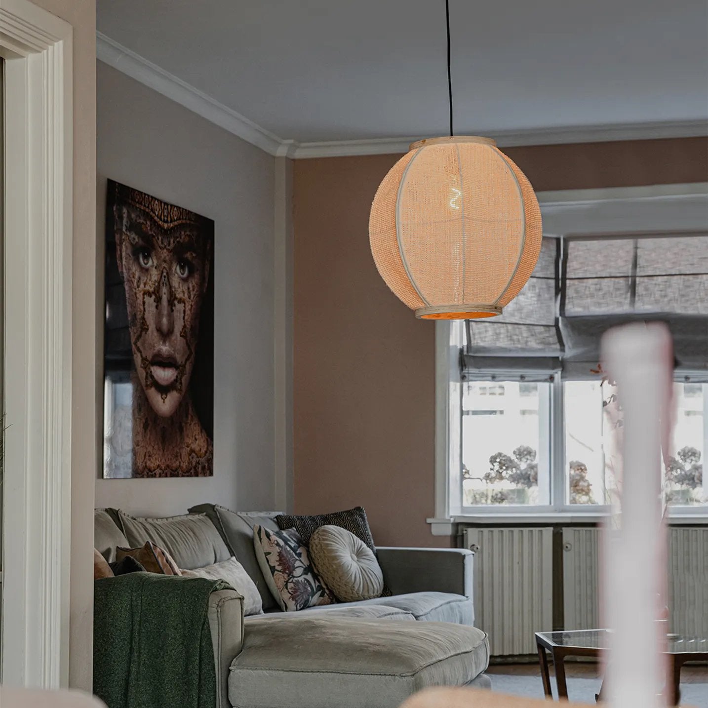 Oosterse Hanglamp Natuurlijke Stof 46 cm - Rob, Huis en Inrichting, Lampen | Hanglampen, Nieuw, Minder dan 50 cm, Stof, Ophalen