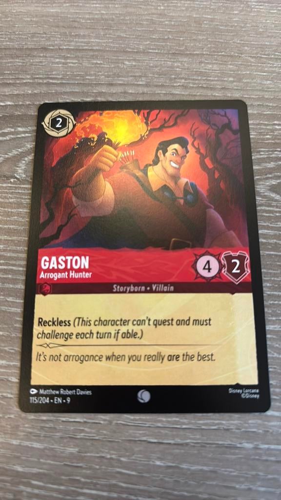 Disney Lorcana Gaston Arrogant Hunter 115-204 9FAB nonfoil, Ophalen of Verzenden, Zo goed als nieuw, Losse kaart