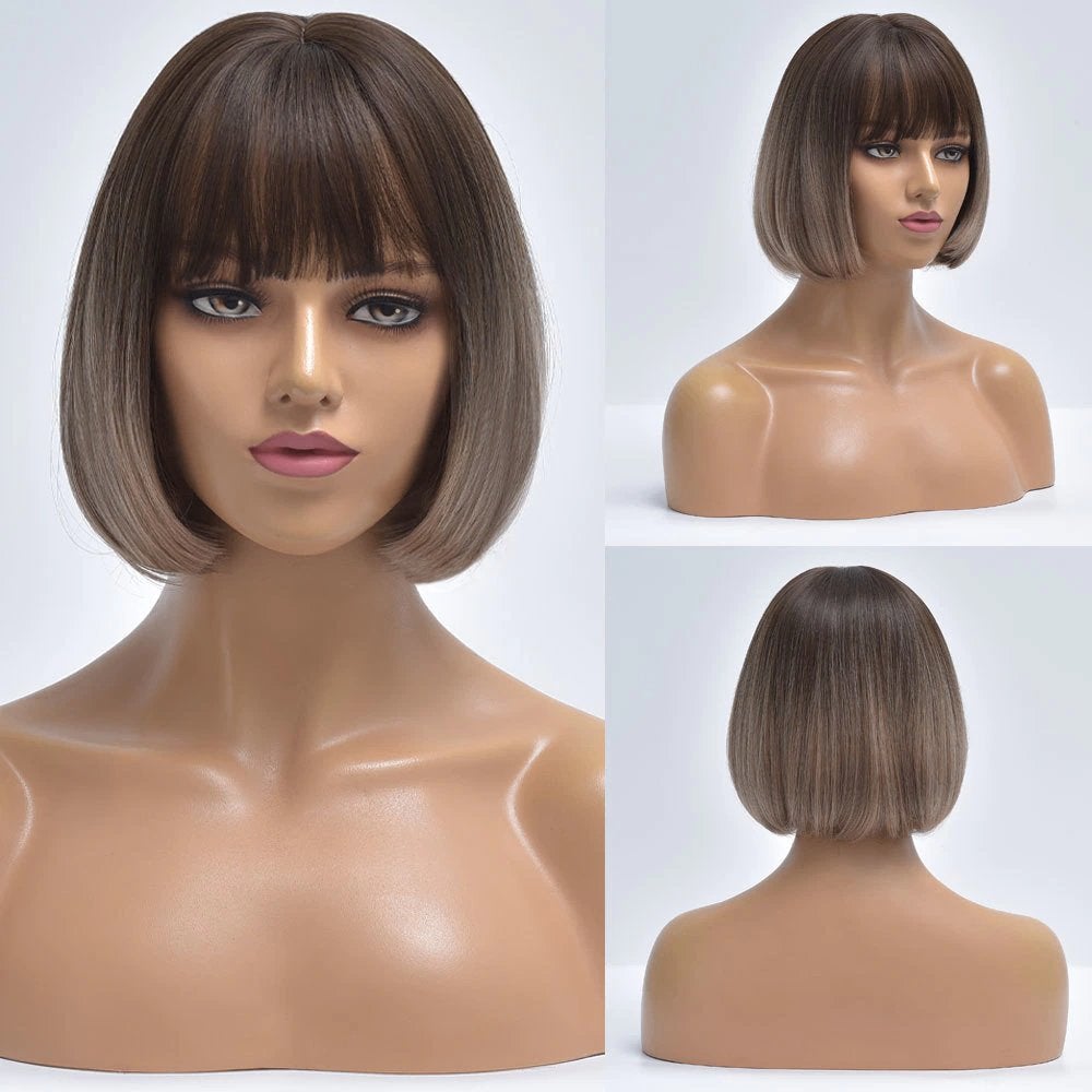 Korte Bruine Ombre Pony Pruik Dames Vrouwen Bruin Haarstuk, Verzenden, Nieuw, Pruik of Haarverlenging