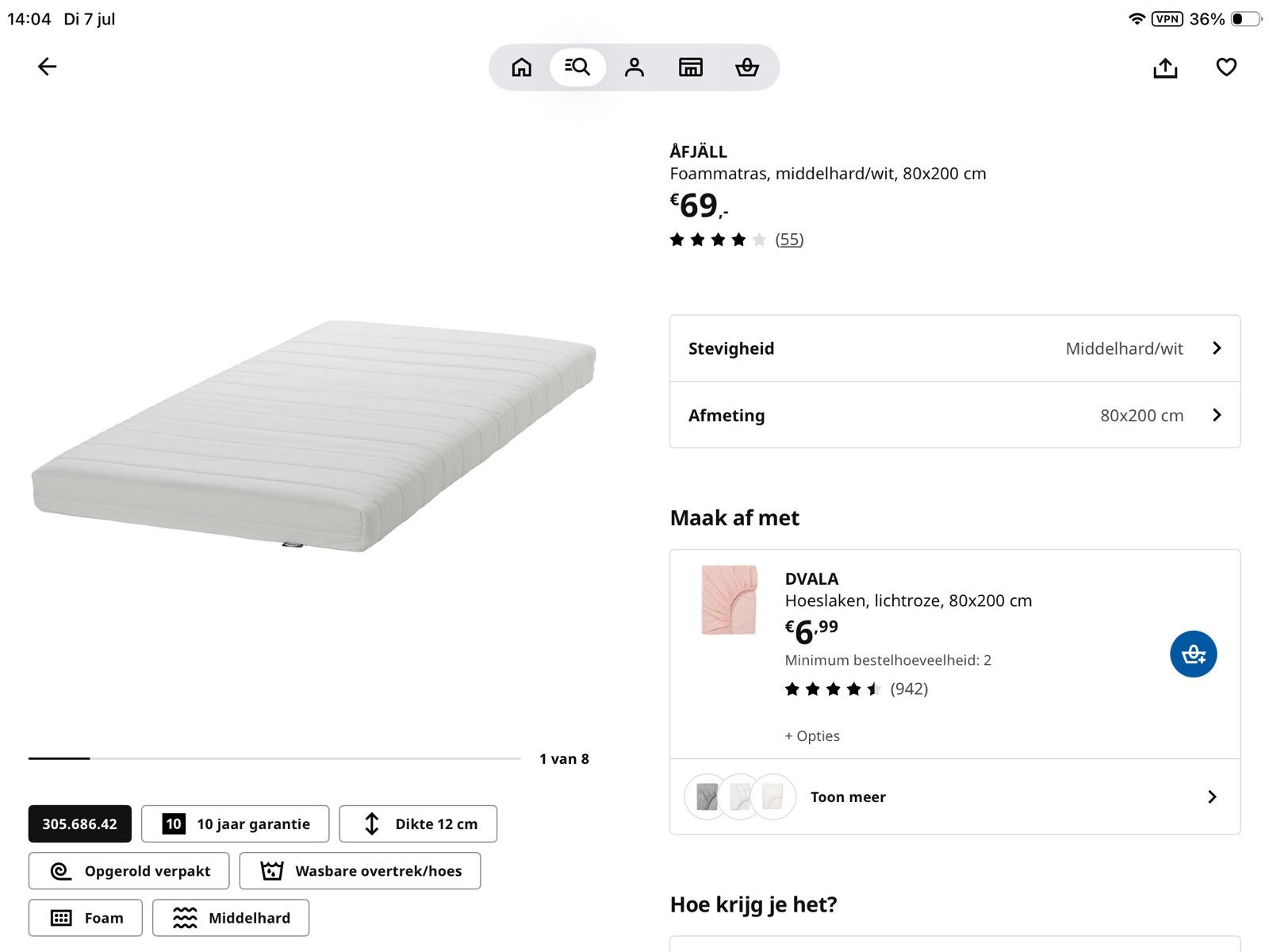 IKEA ÅFJÄLL Foammatras Middelhard/Wit 80x200 cm, Huis en Inrichting, Slaapkamer | Matrassen en Bedbodems, Ophalen, Eenpersoons