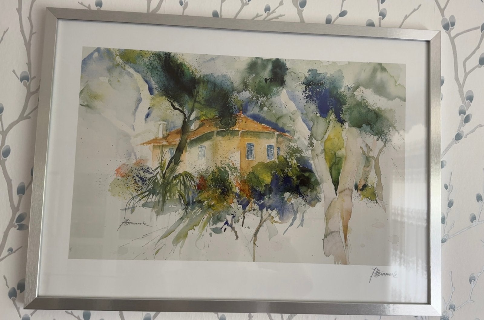 Ingelijste Aquarel - Landhuis in Mediterrane Tuin, Ophalen of Verzenden