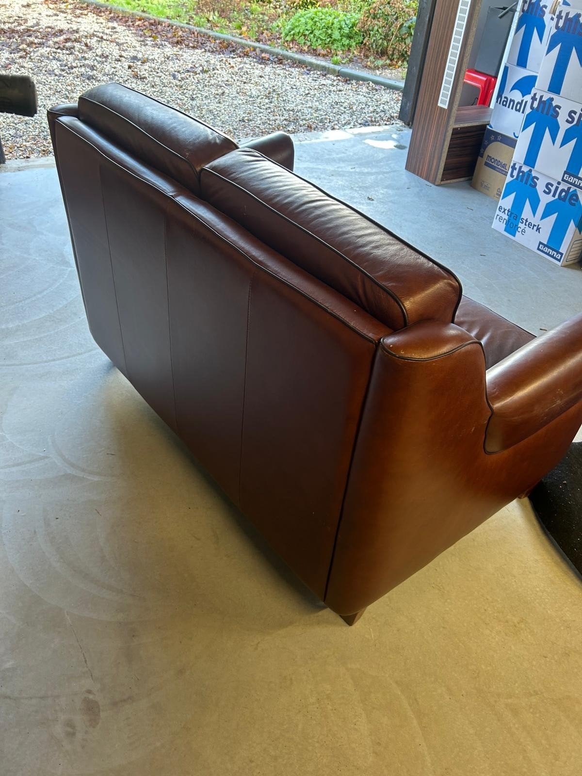 Stevige bruin leren tweezitsbank. Zit heerlijk., Ophalen, Gebruikt, Leer, 75 tot 100 cm