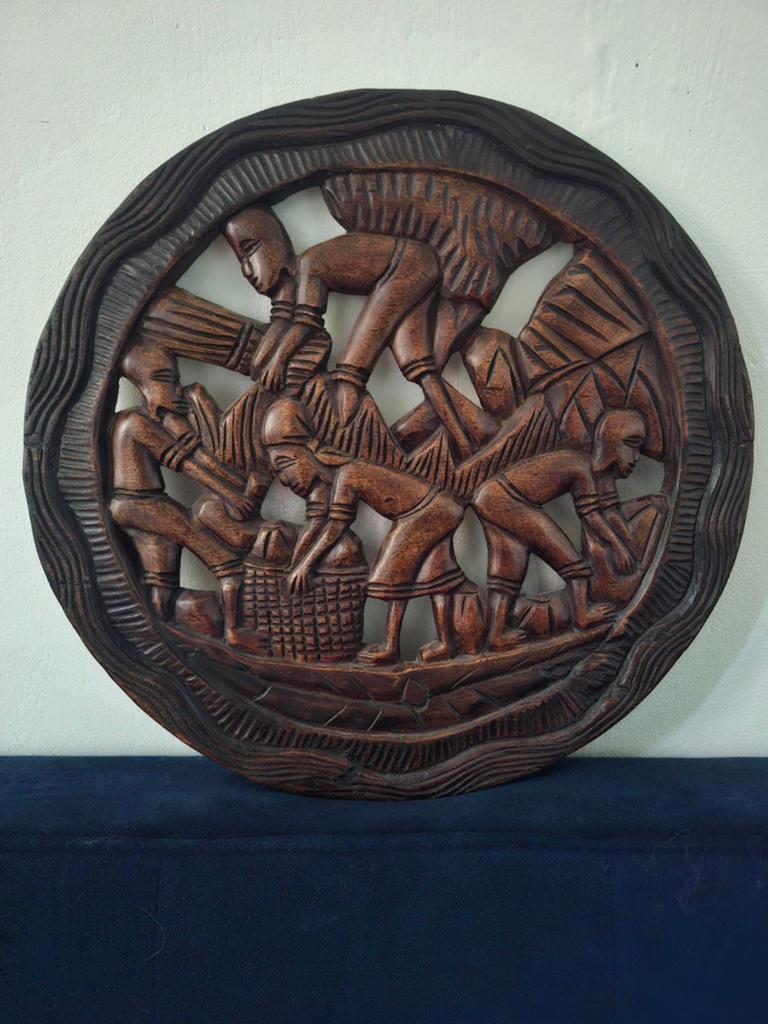 Handgesneden houten wanddecoratie: oogsttafereel, Antiek en Kunst, Kunst | Beelden en Houtsnijwerken, Ophalen of Verzenden