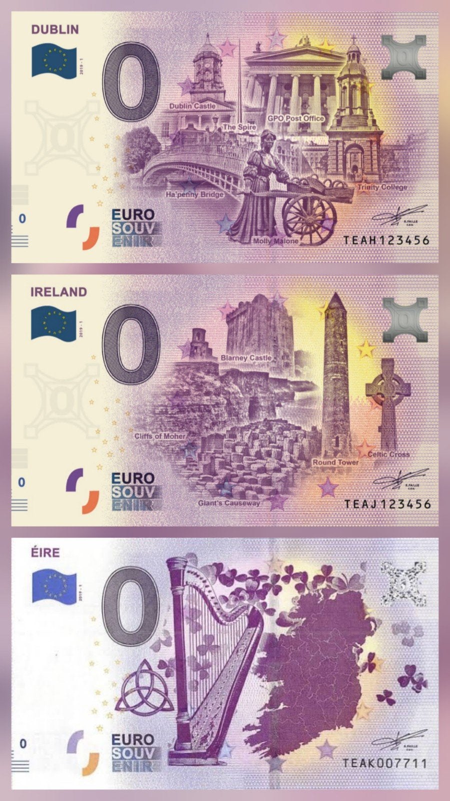 3x 0 Euro biljetten Ierland, Ophalen of Verzenden, Ierland, 50 euro