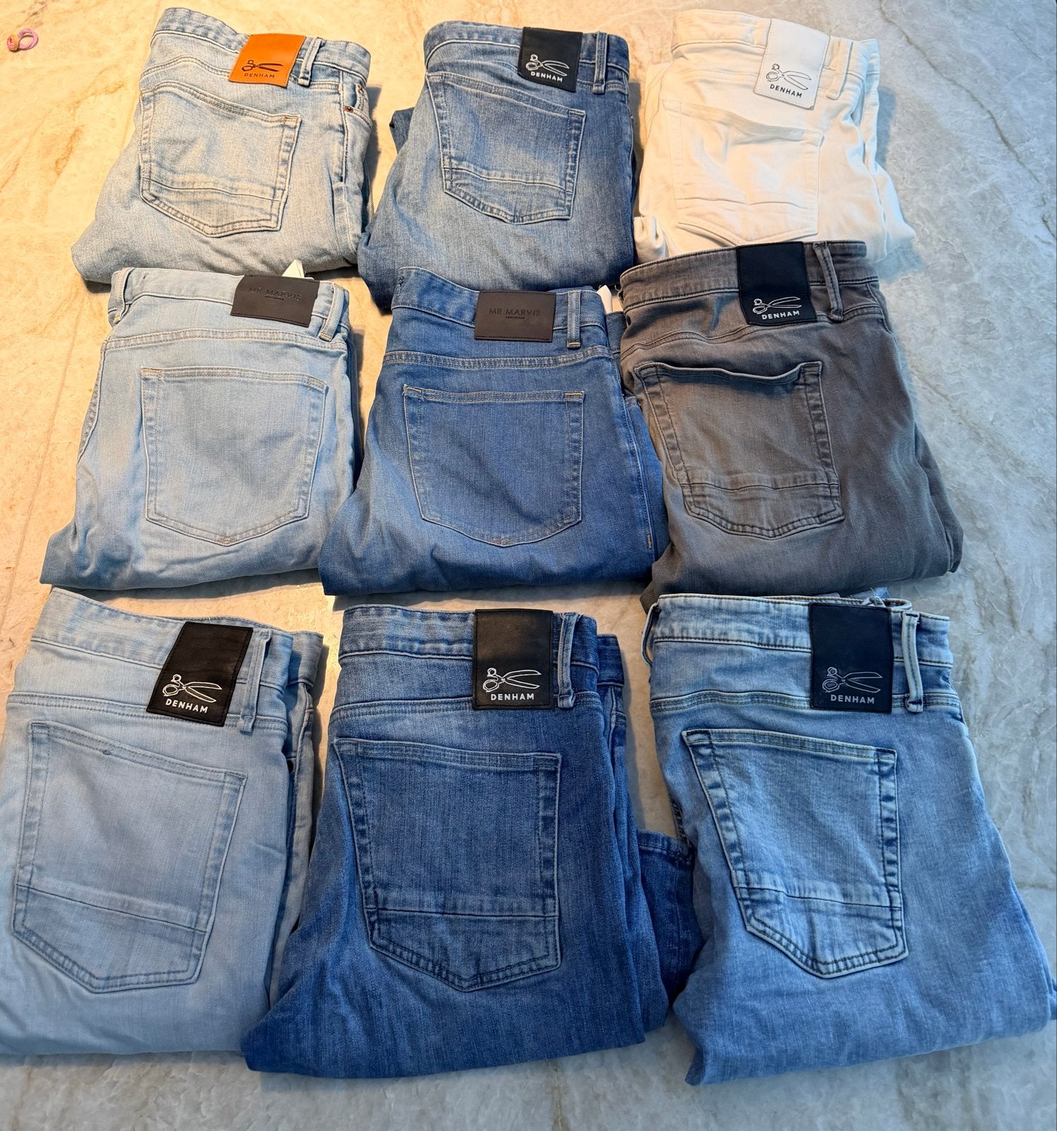 Partij Denham jeans (9 stuks) - Diverse kleuren en maten, Kleding | Heren, Ophalen, Gedragen, Overige kleuren, Overige jeansmaten