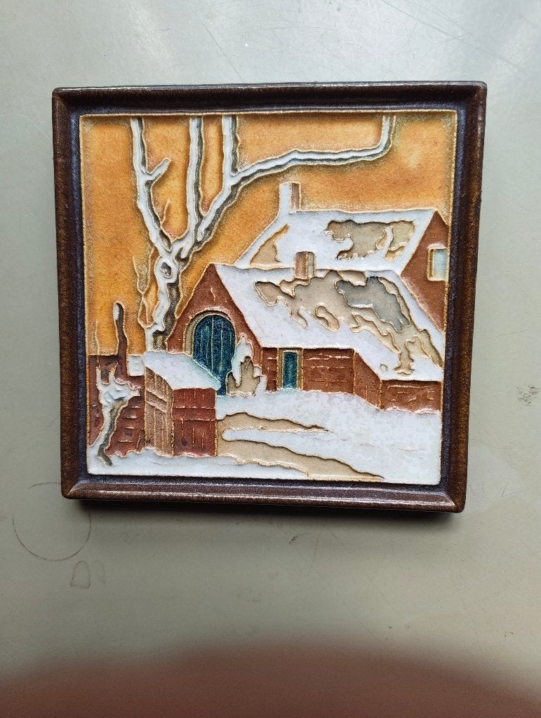 Porceleyne fles Cloisonne tegel, Boerderij winterlandschap, Ophalen of Verzenden