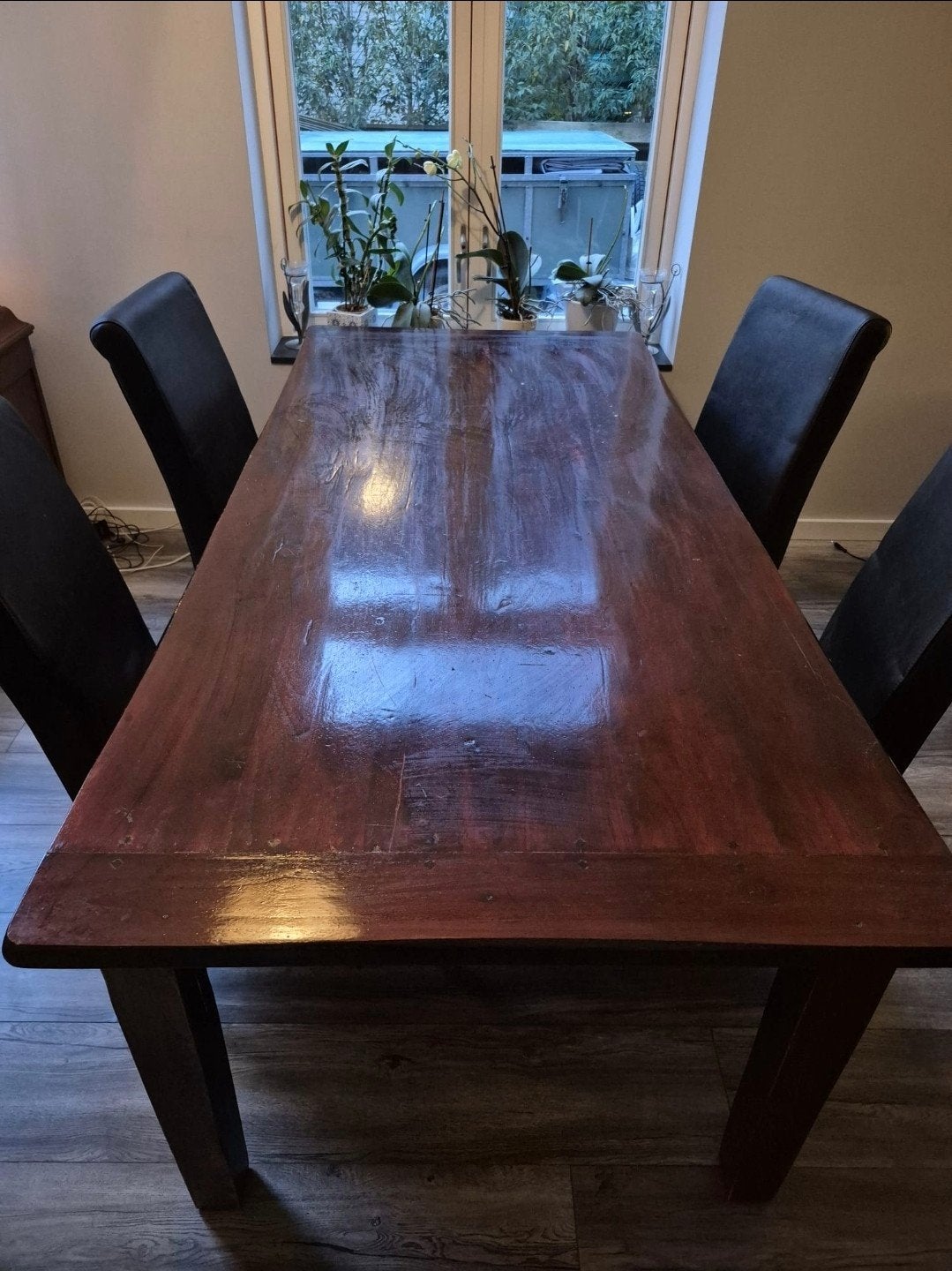 Houten eettafel (220x100) met 4 leren stoelen, Huis en Inrichting, Tafels | Eettafels, Ophalen, Gebruikt, 100 tot 150 cm, 200 cm of meer