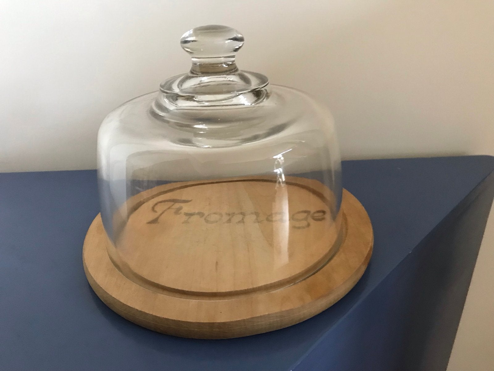 Vintage Kaasstolp met Houten Bodemplank en tekst Fromage, Ophalen, Zo goed als nieuw, Bruin, Glas