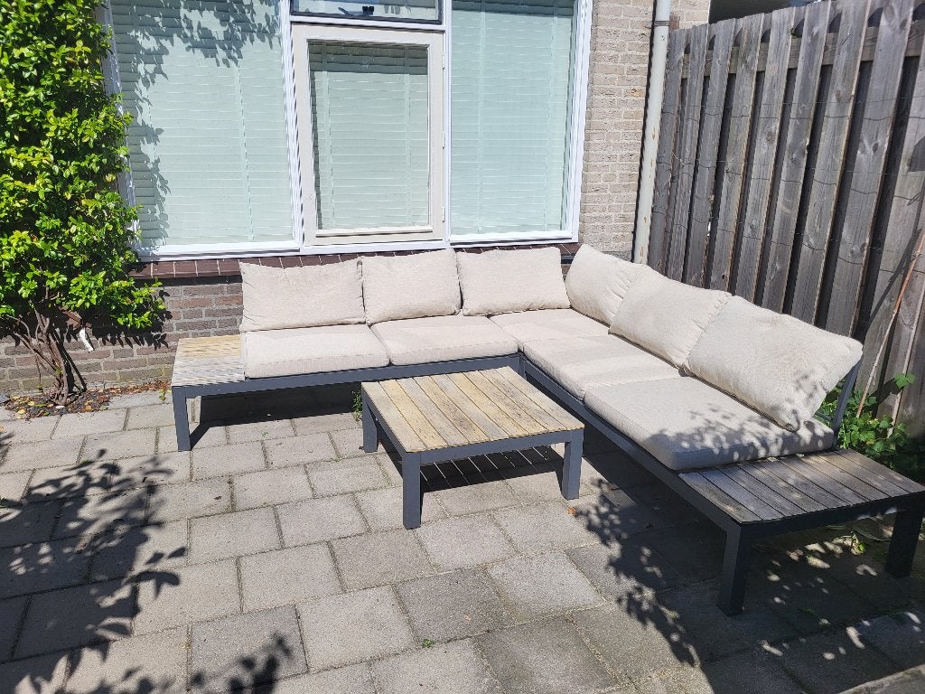 Lounge tuinset/hoekbank beige incl.tafel en kussens 230x230, Ophalen, Overige materialen, Gebruikt, Bank