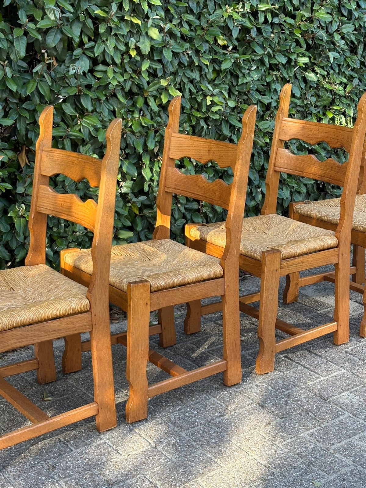 Vintage set eiken & biezen ‘scheer’ stoelen – jaren ’70, Antiek en Kunst, Ophalen