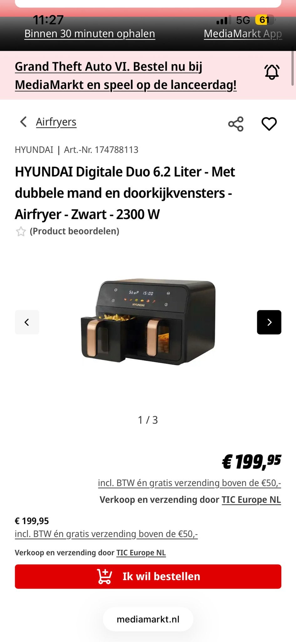 HYUNDAI Digitale Duo Airfryer 6.2L - Zwart - 2300W, Witgoed en Apparatuur, Airfryers, Ophalen of Verzenden, Nieuw, Airfryer, 1500 gram of meer