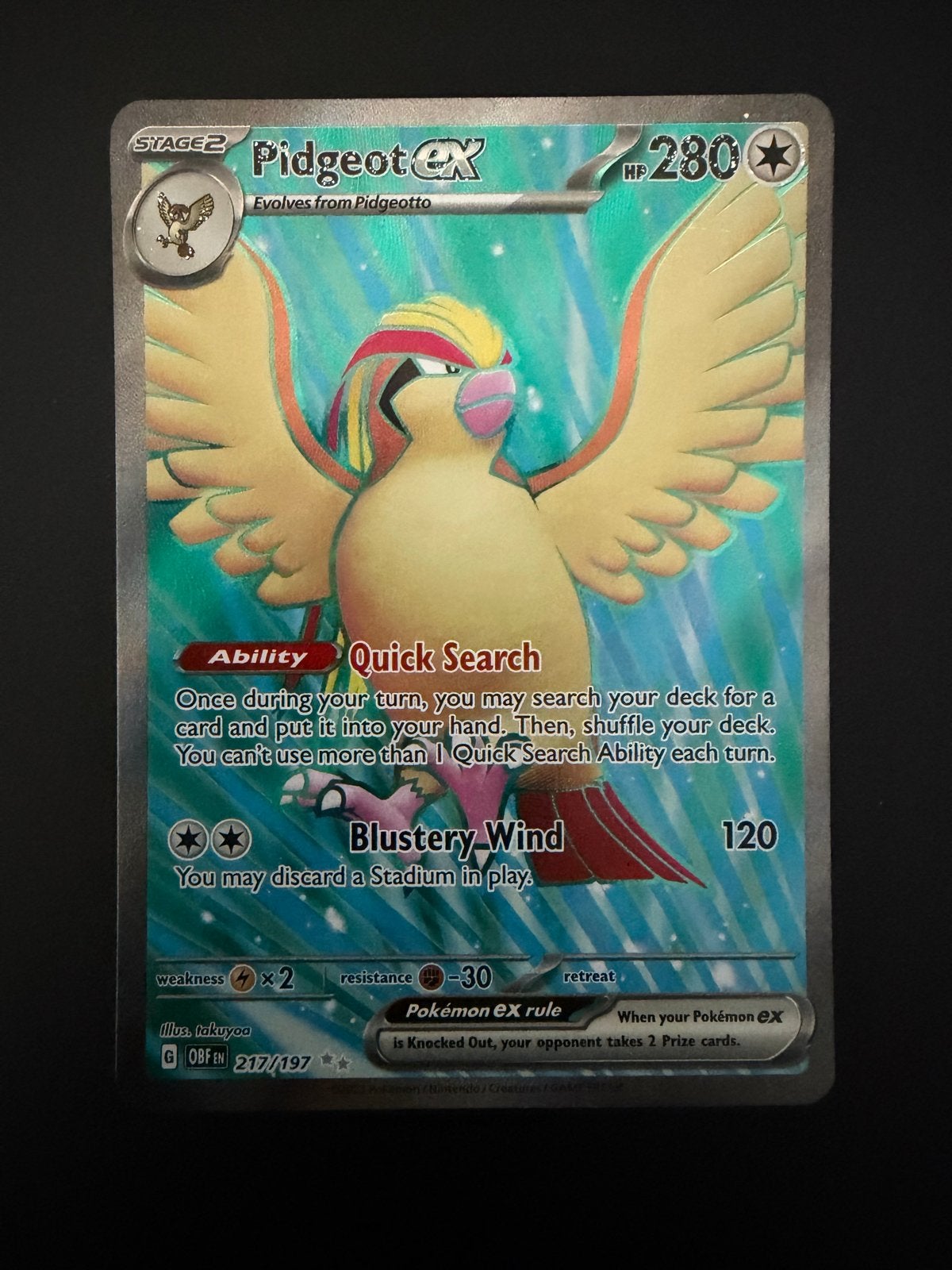 Pidgeot ex 217/197 Obsidian Flames Pokémon kaart, Ophalen of Verzenden, Zo goed als nieuw, Losse kaart, Foil